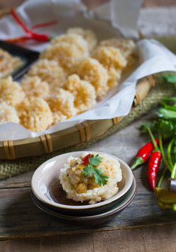 Traditional thai style food :Crispy rice cake and pork and shrim
