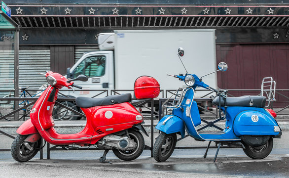 Blue, red scooters and white track, symbol of France flag