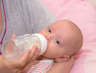 Baby eating from a milk bottle