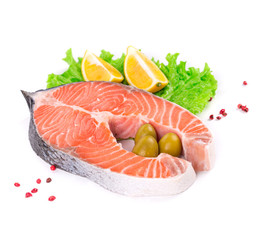 Raw salmon with garnish.