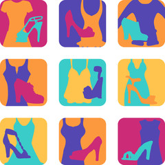 set of icons with dress and shoes