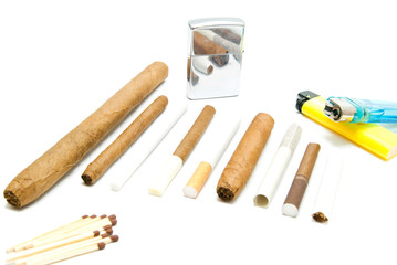 lighters, matches and cigarettes on white