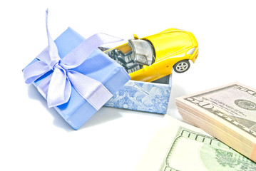 blue gift box with car and money