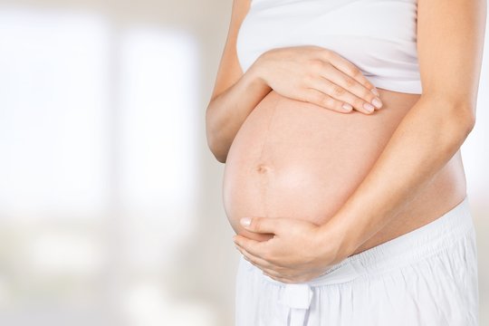 Abdomen. Pregnant woman touching her belly