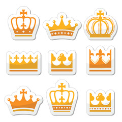 Crown, royal family gold icons set