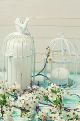 Flowering tree branches and decorative bird cages