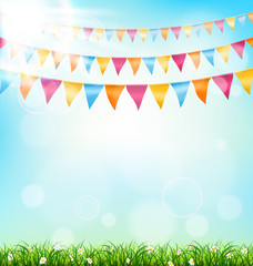 Celebration background with buntings grass and sunlight on sky b