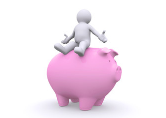 White man sitting on pink piggy bank.