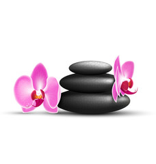 Obraz na płótnie Canvas Stack of spa stones with orchid pink flowers isolated on white b