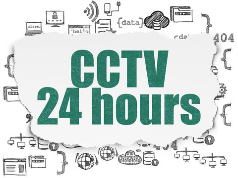 Privacy concept: CCTV 24 hours on Torn Paper background