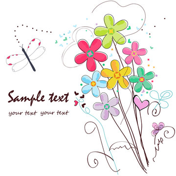 Colorful doodle flowers border greeting card