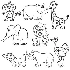 Naklejka premium Cute outlined zoo animals collection. Vector illustration.
