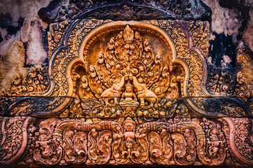 Angkor Banteay Srei temple close-up carving, Cambodia