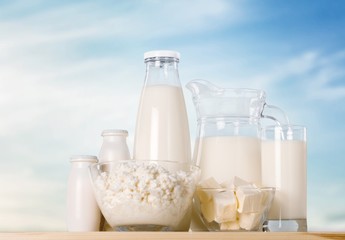 Milk. Dairy products on the sky background.