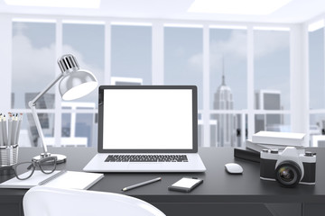 Fototapeta na wymiar 3D illustration laptop on table in office, Workspace