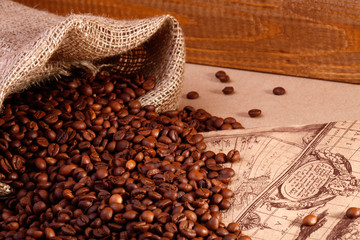 Coffee beans in a burlap bag