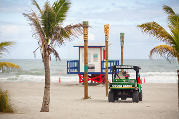 Typical colorful lifeguard house and Beach Rangers buggy