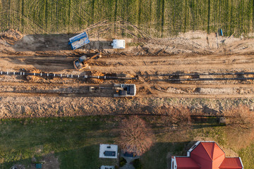 aerial view of burying gas pipe in a country area in Poland