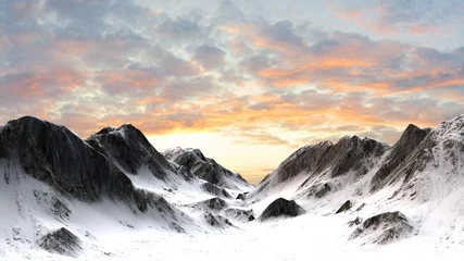 Fototapeten Snowy Mountains - Mountain Peak in sunset sunrise © Riko Best