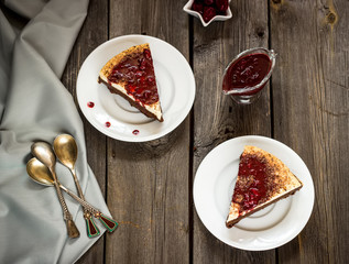 cheesecake with cherry sauce in vintage style