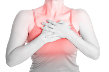 Frau berührt hervorgehoben Schmerzen in der Brust
