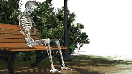 skeleton sitting on Park bench under a tree