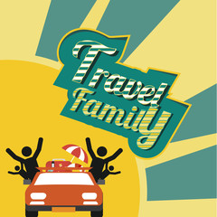family travel, all by car over yellow and green textured backgro