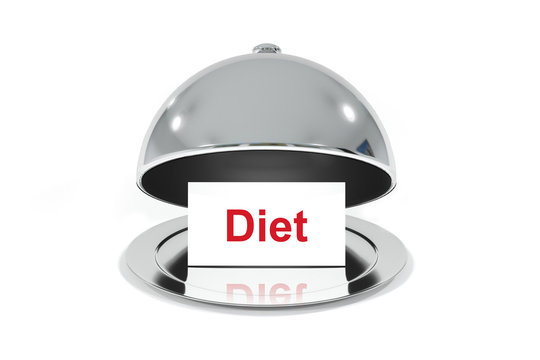 opened silver cloche with white sign diet