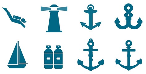 Activités nautiques et ancres en 8 icônes