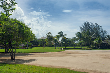 Obraz premium Golf course in Dominican republic. field of grass and coconut