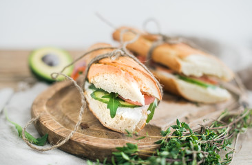 Salmon, avocado and thyme sandwiches in baguette tied up with