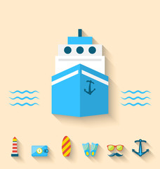 Flat set icons of cruise holidays and journey vacation, minimal