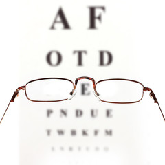 Eye glasses on eyesight test chart background