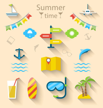 Flat colorful set icons of travel on holiday journey, tourism ob