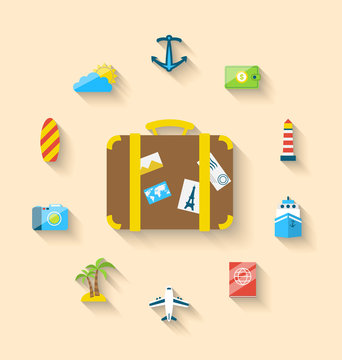 Flat set icons tourism objects and equipment with suitcase, long