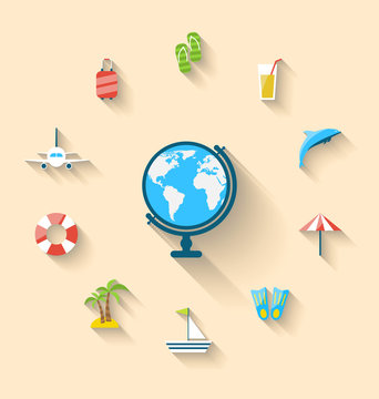 Flat set icons tourism objects and equipment with globe, long sh