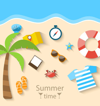 Summer Time Background with Flat Set Colorful Simple Icons on th