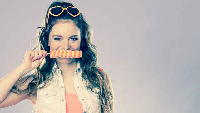 Summer Woman Eating Popsicle Ice Pop Cream