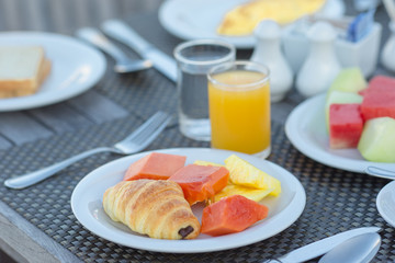 Healthy breakfast on the table closeup in outdoor cafe