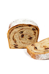 Cinnamon Raisin Bread on a white background. Selective focus.