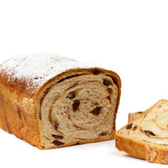 Cinnamon Raisin Bread on a white background. Selective focus.