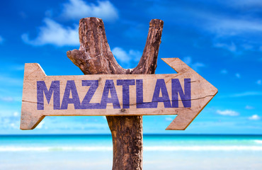 Mazatlan wooden sign with beach background