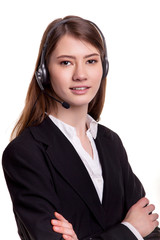 Portrait of smiling support phone operator in headset