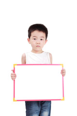 The little boy holding a blank billboard