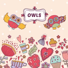 Zelfklevend Fotobehang Cute postcard witrh owls. © vyazovskaya