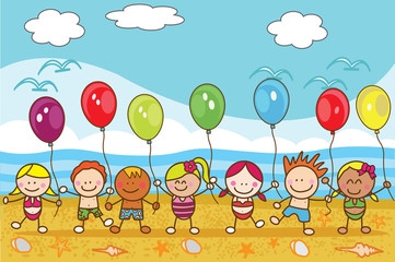 Obraz na płótnie Canvas Children playing baloon at beach