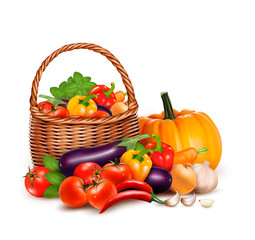 A basket full of fresh vegetables. Vector background.
