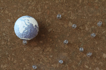 hand drawn texture globe and social network diagram with pin on