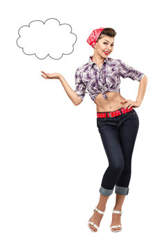 beautiful pinup girl offers something in a comic cloud