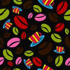 Vector Seamless pattern with coffee beans and cups